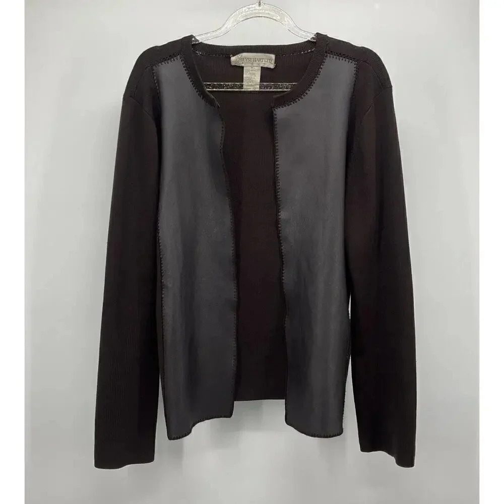 Vintage Genuine Leather Silk Cardigan Size Medium Open Brown 80s Ilyse Hart Ltd